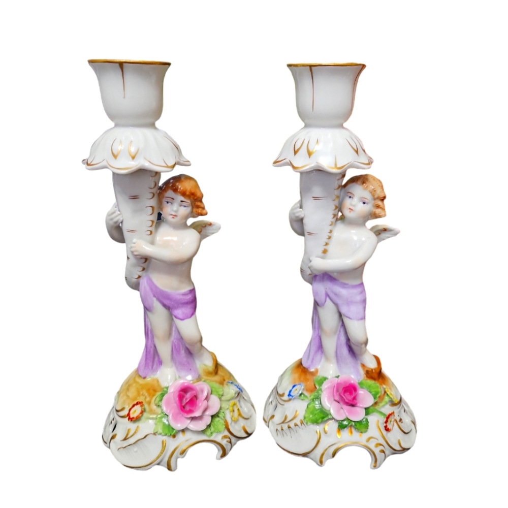 Antique / vintage porcelain made in Germany, Dresden 2 candles holders cupid